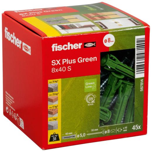 fischer Spreizdübel SX Plus Green 8 x 40 S mit Schraube - 45 Stück