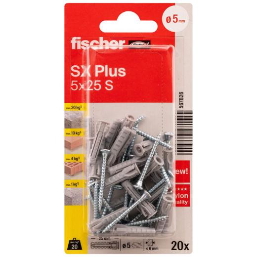 fischer Spreizdübel SX Plus 5 x 25 S mit Schraube K | 100 Stück