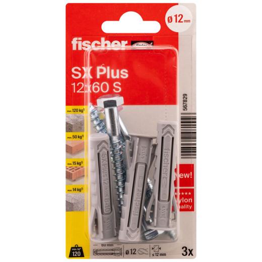 fischer Spreizdübel SX Plus 12 x 60 S mit Schraube K | 3 Stück