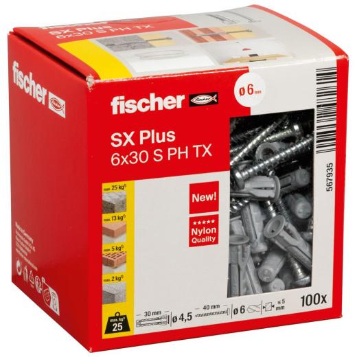 fischer Spreizdübel SX Plus 6 x 30 S mit Schraube PH TX | 100 Stück