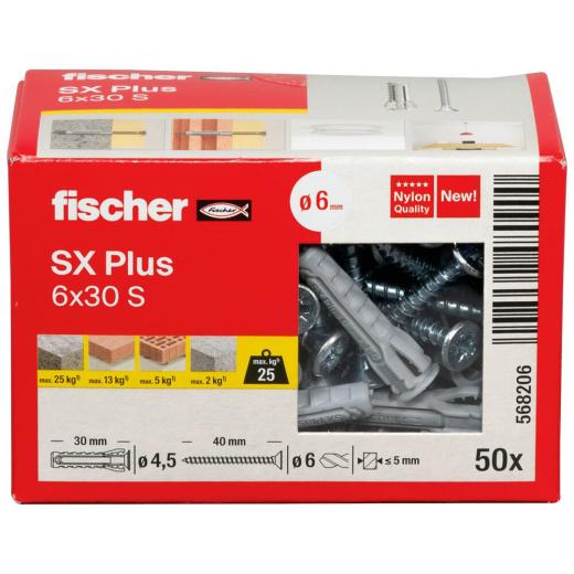 fischer Spreizdübel SX Plus 6 x 30 S mit Schraube mit Schraube | 50 Stück