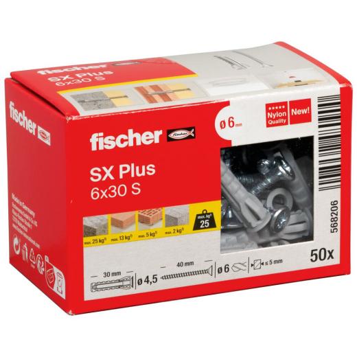 fischer Spreizdübel SX Plus 6 x 30 S mit Schraube mit Schraube | 50 Stück