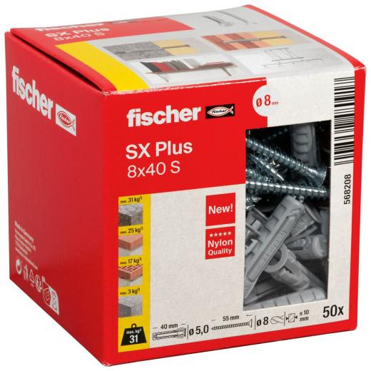 fischer Spreizdübel SX Plus 8 x 40 S mit Schraube mit Schraube | 50 Stück