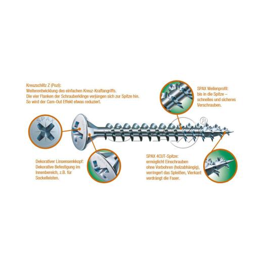 SPAX Fassadenschraube, 4,5 x 50/21, Linsensenkkopf, T-STAR plus, rostfrei A2 (1.4567) | 200 Stück