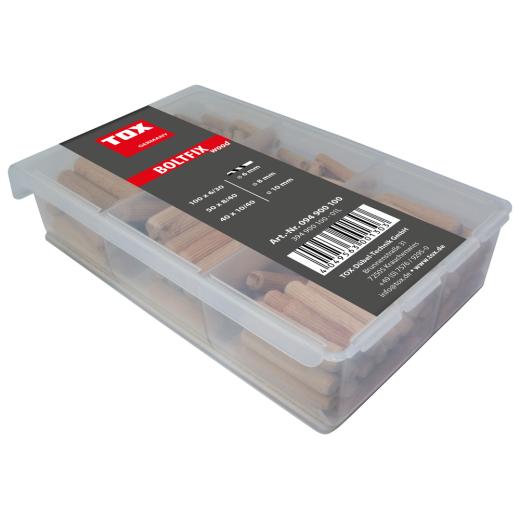 TOX Assortiment de chevilles en bois TOX Boltfix wood 100x 6x30 mm, 50x 8x40 mm, 40x 10x40 mm, chevilles cannelées en hêtre massif, 190 pcs, 094900100 | 190 pièces