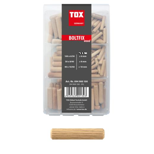 TOX Assortiment de chevilles en bois TOX Boltfix wood 100x 6x30 mm, 50x 8x40 mm, 40x 10x40 mm, chevilles cannelées en hêtre massif, 190 pcs, 094900100 | 190 pièces